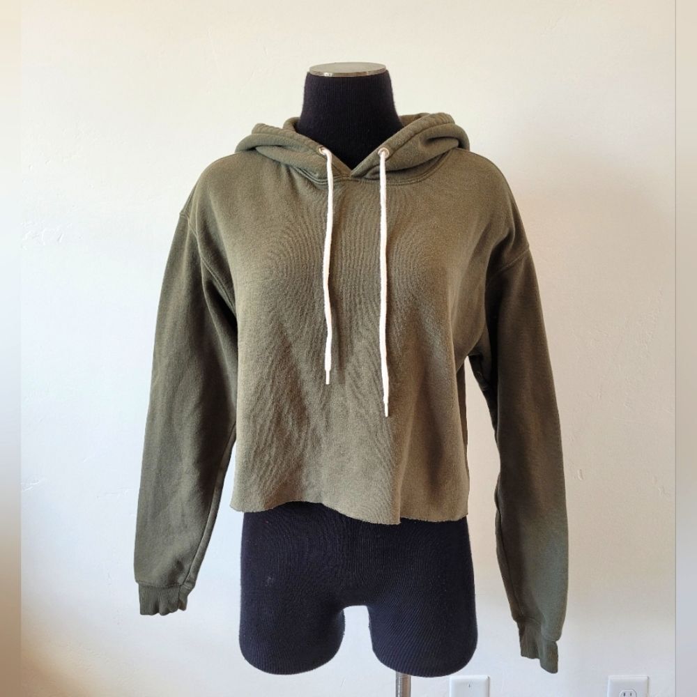 Cropped Hoodie Olive Army Green Cozy Oversized Boxy Cotton Loungewear Medium